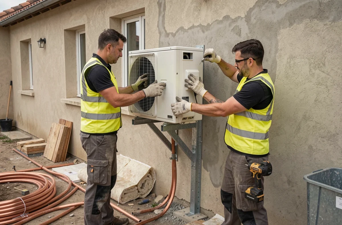 Deux techniciens de SG Renovation fixant un compresseur de pompe à chaleur sur la façade extérieure d'une maison en Seine-Saint-Denis