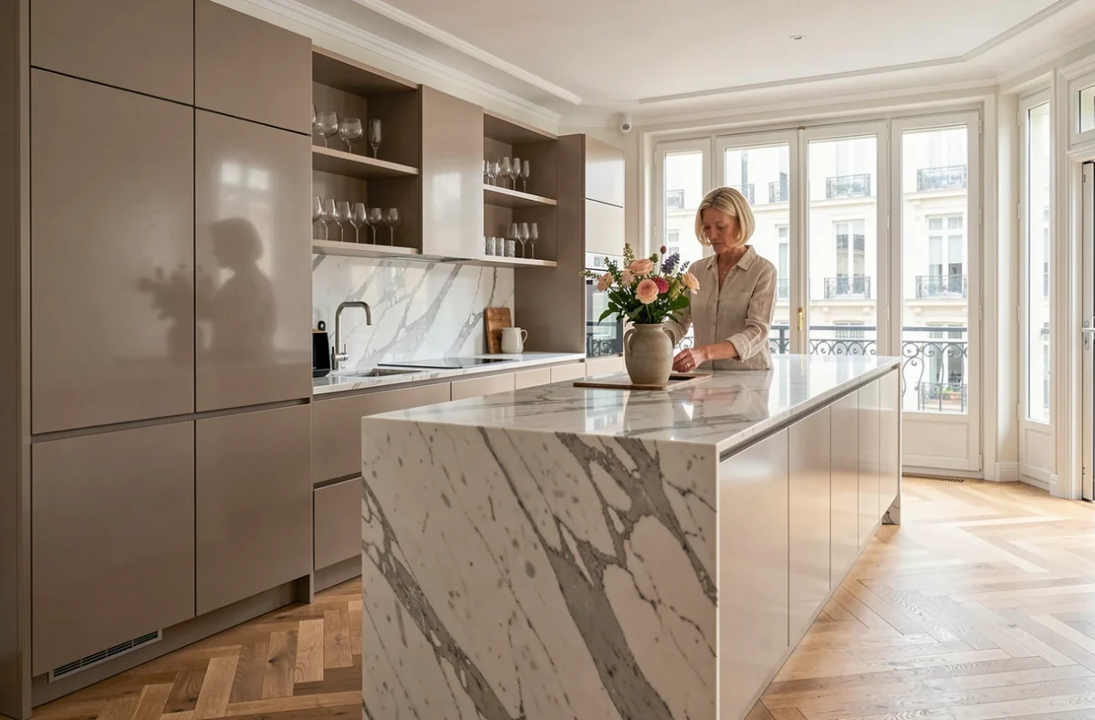 Cuisine SieMatic ultra-minimaliste avec caissons laqués greige et îlot en marbre Calacatta dans un appartement parisien haut de gamme
