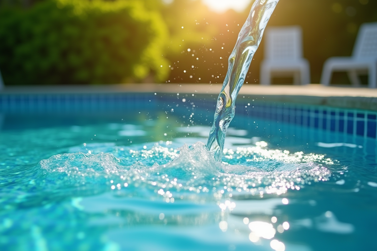 Skimmer de piscine moderne en action avec reflets du soleil