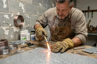 Artisan réglant la flamme d'un chalumeau pour souder du zinc à l'étain sur un établi d'atelier