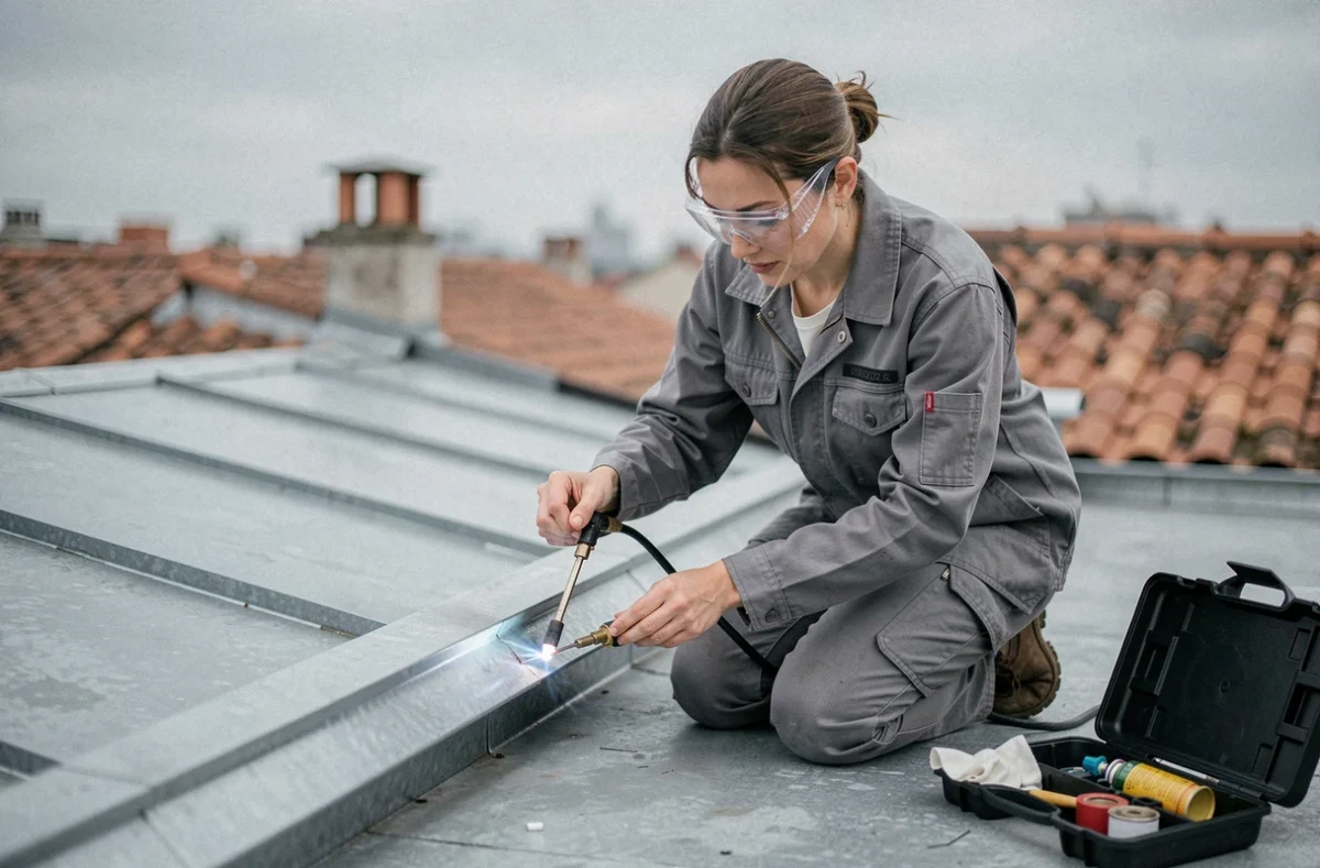 Plombière effectuant une soudure zinc à l'étain au chalumeau sur une gouttière en toiture urbaine