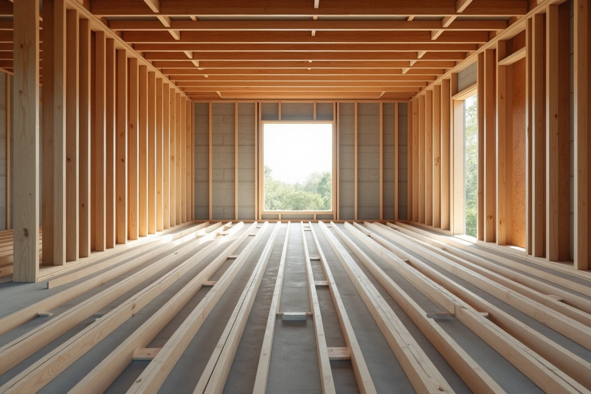 Vue grand angle d'un système de solives de plancher en bois parallèles dans une maison en construction