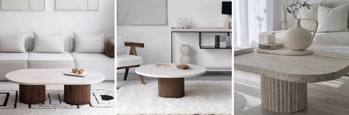 table basse en travertin avec pied en bois