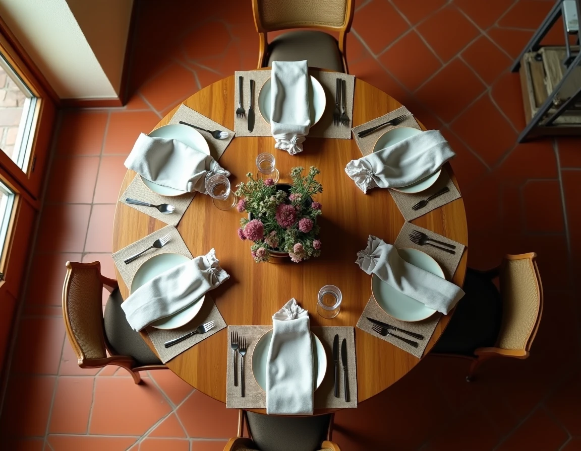 Vue aérienne d'une table ronde pour 6 personnes dressée avec couverts et vaisselle en grès dans une cuisine de style ferme