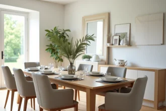 Table à manger rectangulaire en chêne massif pour 6 personnes avec chaises en lin dans une salle à manger scandinave lumineuse