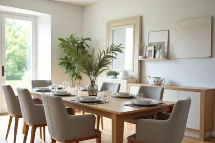 Table à manger rectangulaire en chêne massif pour 6 personnes avec chaises en lin dans une salle à manger scandinave lumineuse