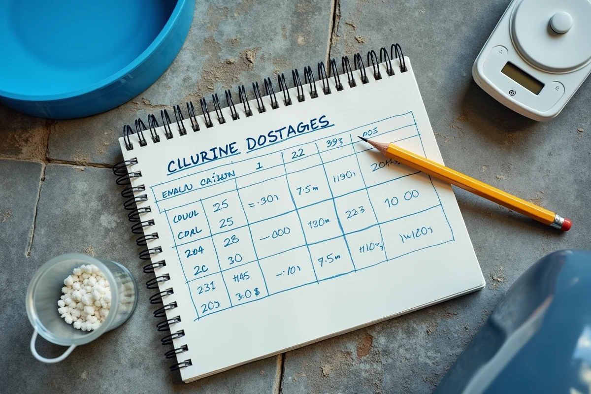 Tableau de dosage chlore manuscrit avec cylindre doseur et balance numérique sur carrelage de piscine extérieure