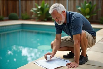 Homme adulte consultant un tableau de dosage chlore à côté d'une piscine résidentielle extérieure en été