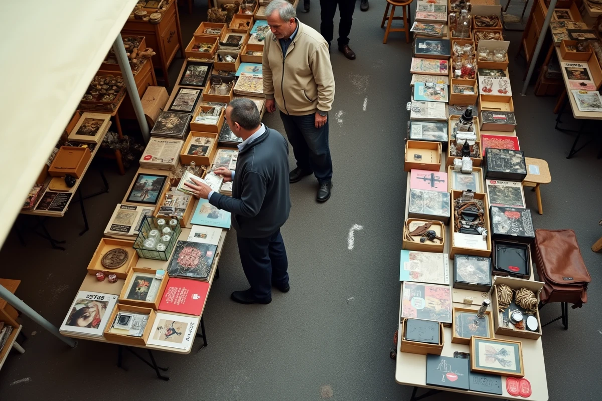 Vue plongeante sur des tables chargées d'objets de seconde main lors d'un vide-grenier en Loire-Atlantique