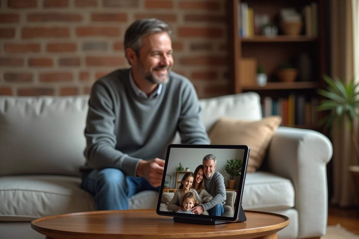 Tablette sur pied affichant un diaporama de photos de famille dans un salon chaleureux avec homme assis en arrière-plan