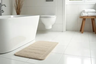 Tapis de salle de bains antidérapant en coton blanc texturé posé sur carrelage blanc brillant dans une salle de bains moderne