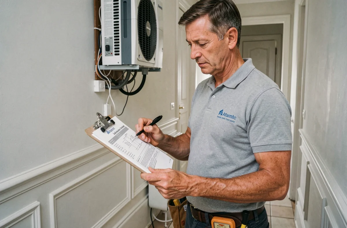 Technicien HVAC consultant un devis d'installation de pompe à chaleur Atlantic dans un couloir d'appartement