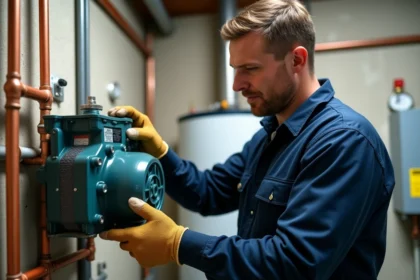 Technicien HVAC inspectant un circulateur de pompe à chaleur dans une chaufferie domestique