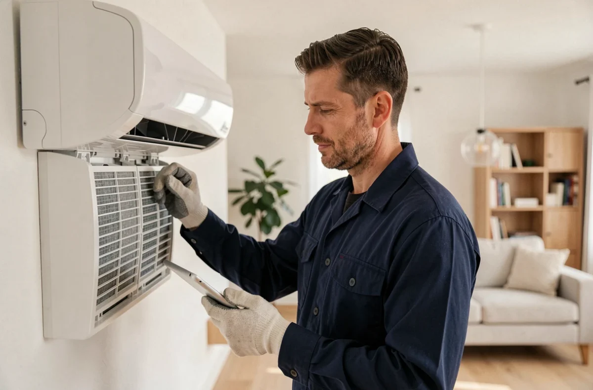 Technicien HVAC inspectant une pompe à chaleur Toshiba murale dans un salon moderne