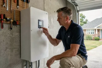 Technicien installant un kit batterie solaire dans un garage résidentiel