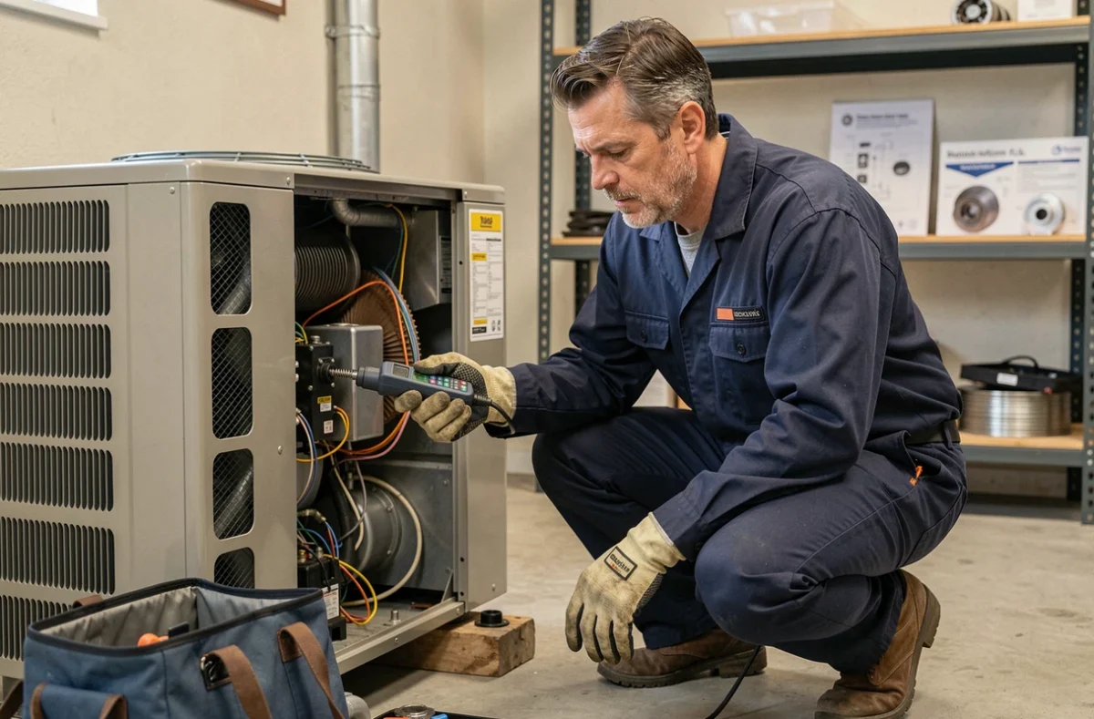 Technicien HVAC inspectant une pompe à chaleur air eau dans un local technique avec outils et équipements professionnels