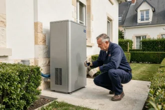 Technicien inspectant une pompe à chaleur air eau installée sur la façade extérieure d'une maison individuelle moderne