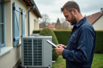 Technicien en tenue installant une pompe à chaleur écologique à Rillieux
