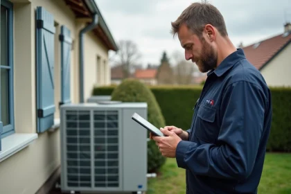 Technicien en tenue installant une pompe à chaleur écologique à Rillieux