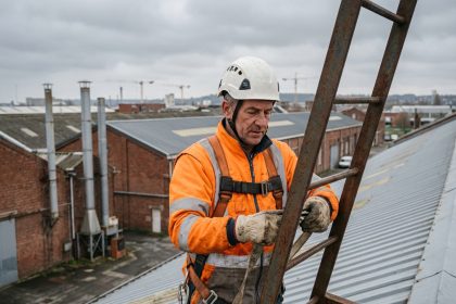 Technicien en sécurité sur un toit industriel dans les Hauts de France