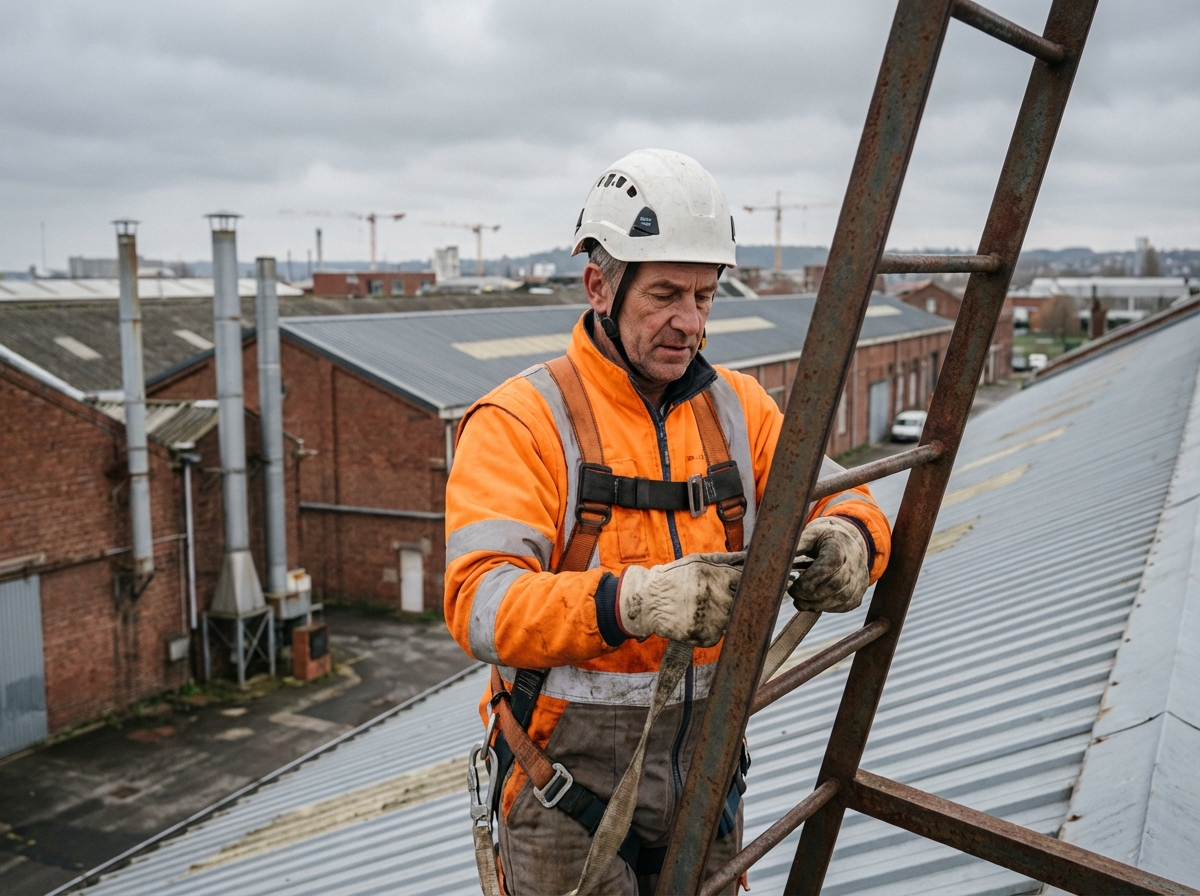 Technicien en sécurité sur un toit industriel dans les Hauts de France