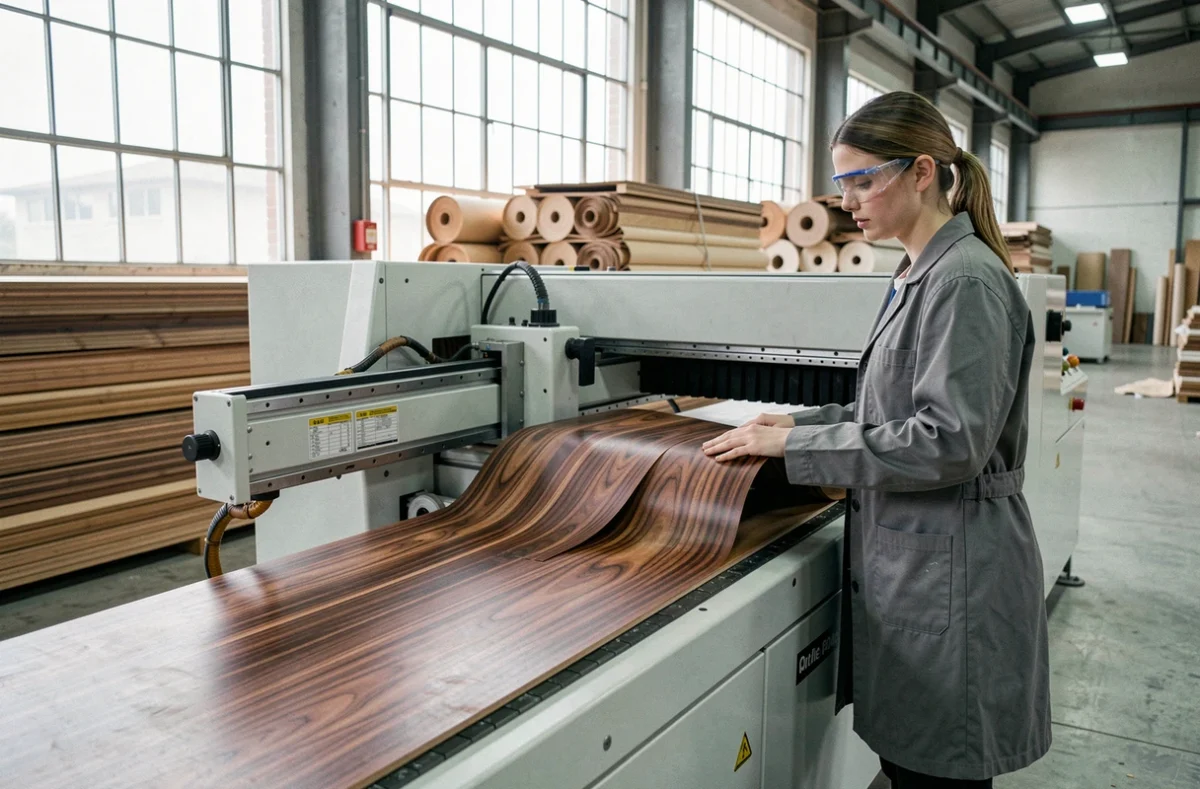 Technicienne supervisant une machine CNC de découpe de placage bois imitant le palissandre en usine