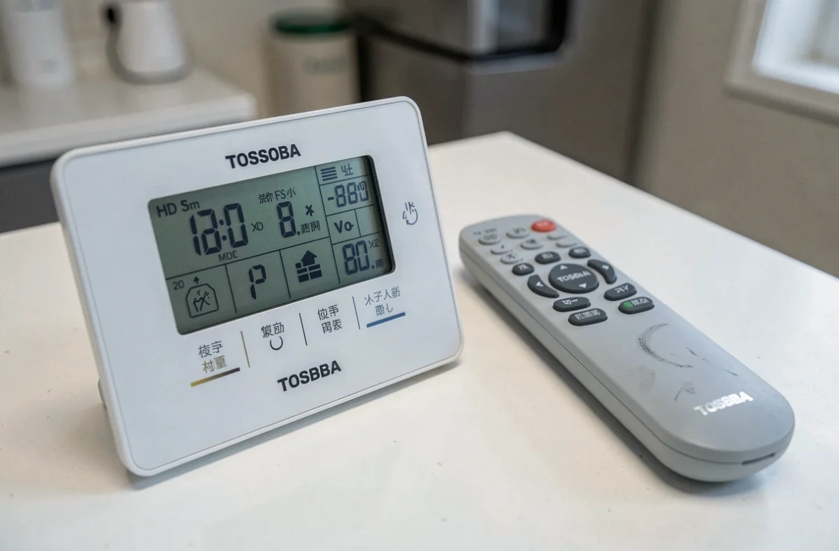 Télécommande et panneau de contrôle d'une pompe à chaleur Toshiba affichant les réglages de température