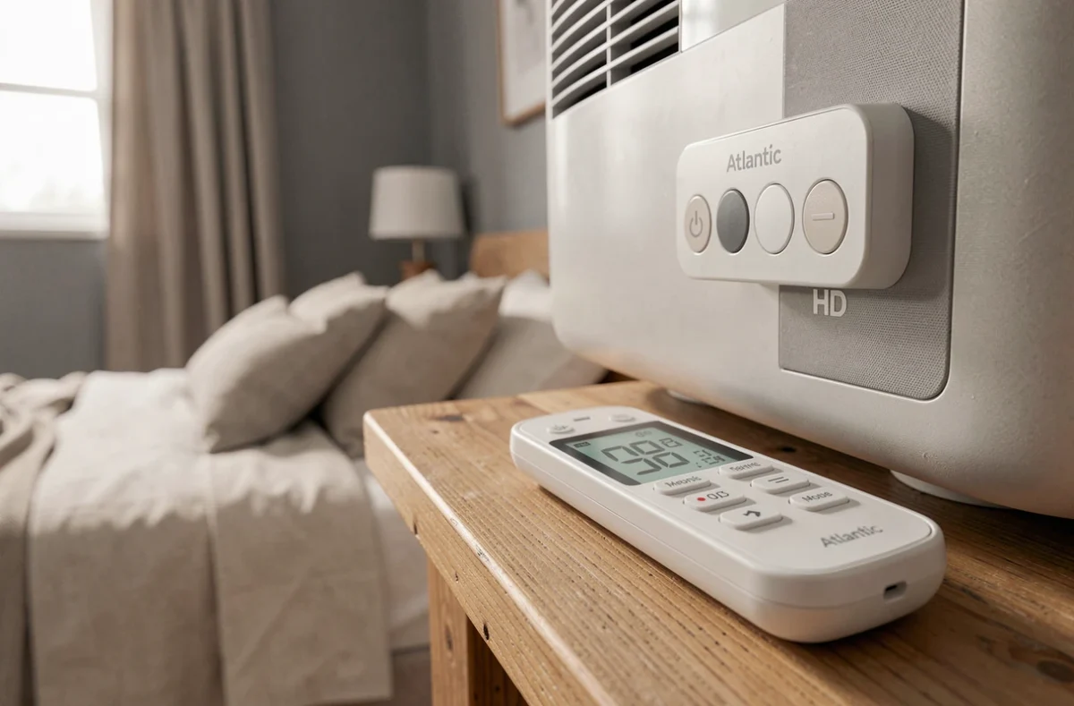 Télécommande et panneau de commande d'une pompe à chaleur Atlantic air/air dans une chambre