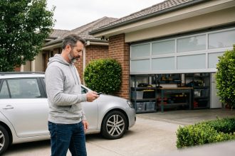 Homme utilisant une télécommande pour ouvrir sa porte de garage sectionnelle moderne depuis son allée pavée