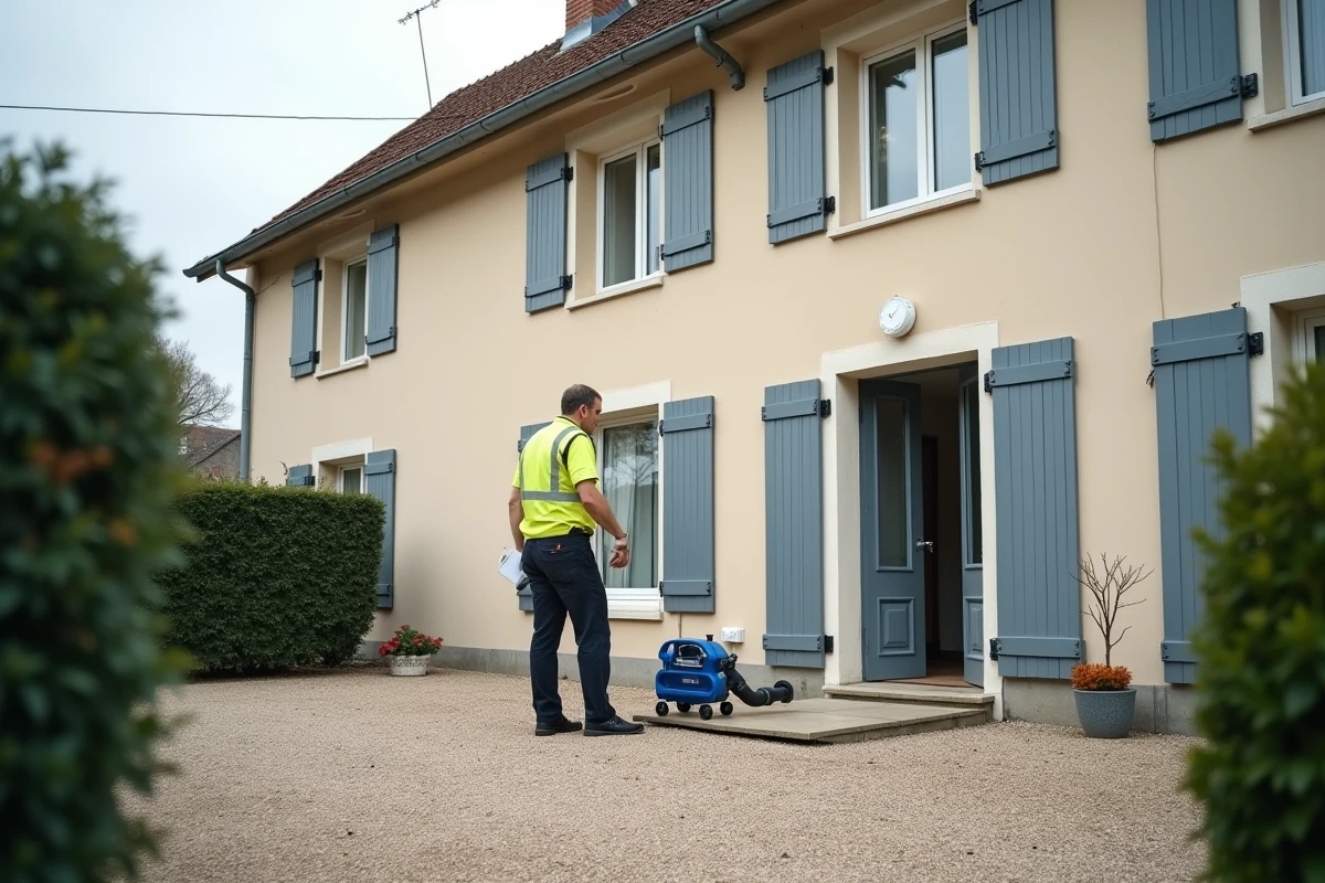 Technicien effectuant un test d'étanchéité à l'air blower door sur la façade d'une maison individuelle lors d'un audit thermique