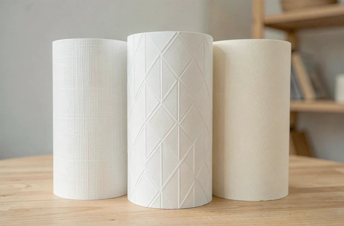 Gros plan sur différentes textures de papier peint blanc intissé comparées côte à côte