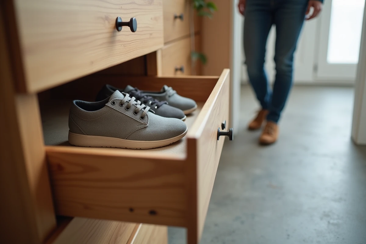 Tiroir ouvert d'un meuble à chaussures Nano révélant des chaussures organisées dans un studio