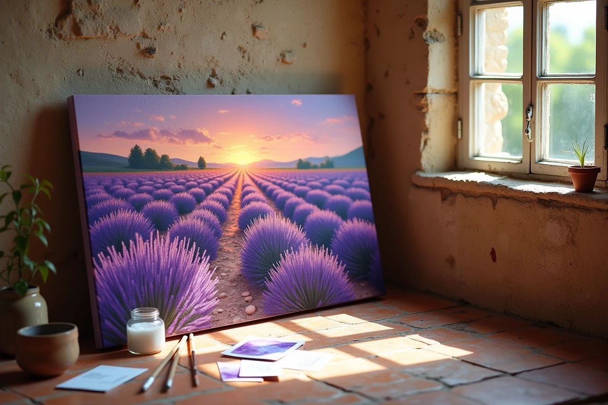 Toile de peinture par numéros représentant un champ de lavande terminé, appuyée contre un mur en pierre rustique avec des pinceaux et accessoires d'artiste