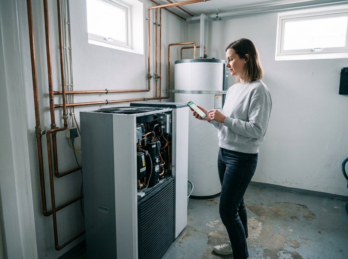 Femme vérifiant l'unité intérieure de sa pompe à chaleur air-eau dans une chaufferie