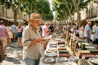 Vide grenier animé à Montpellier avec des objets vintage exposés sur des tables en plein air et des visiteurs qui fouillent les étals
