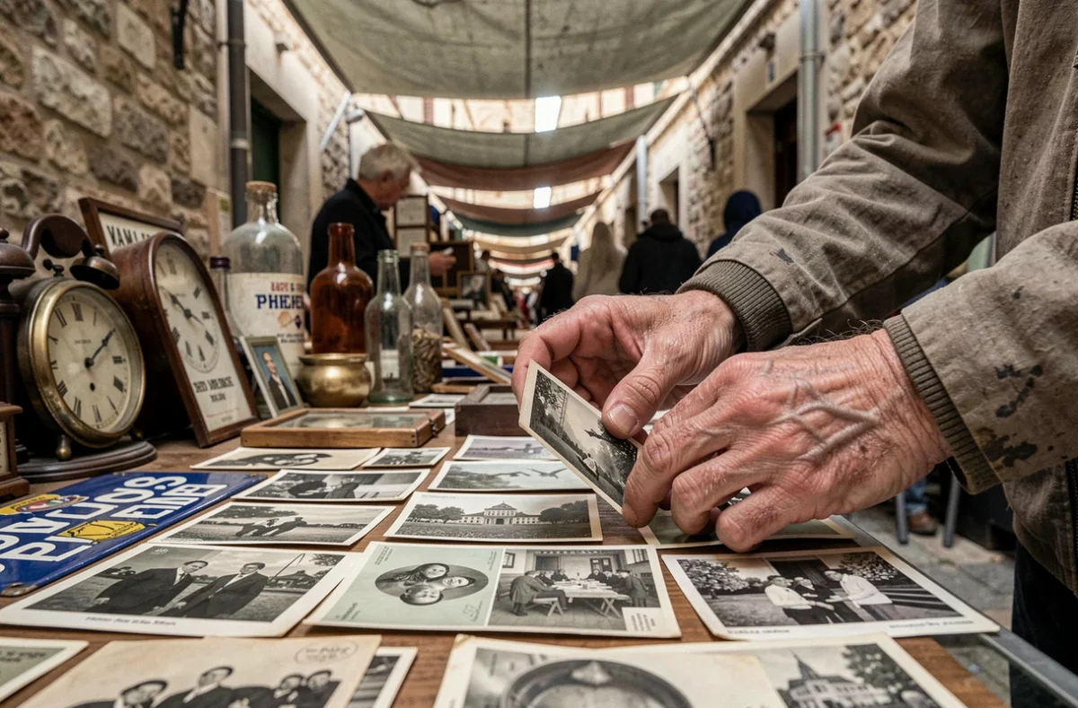 Gros plan sur des cartes postales anciennes et des photographies en noir et blanc sur un étal de vide grenier à Montpellier