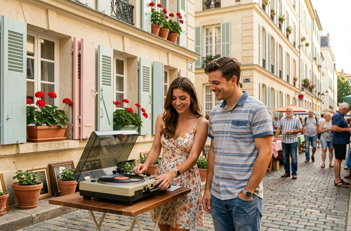 Jeune couple en train de chiner un tourne-disque vintage lors d'un vide grenier de quartier à Montpellier un dimanche matin