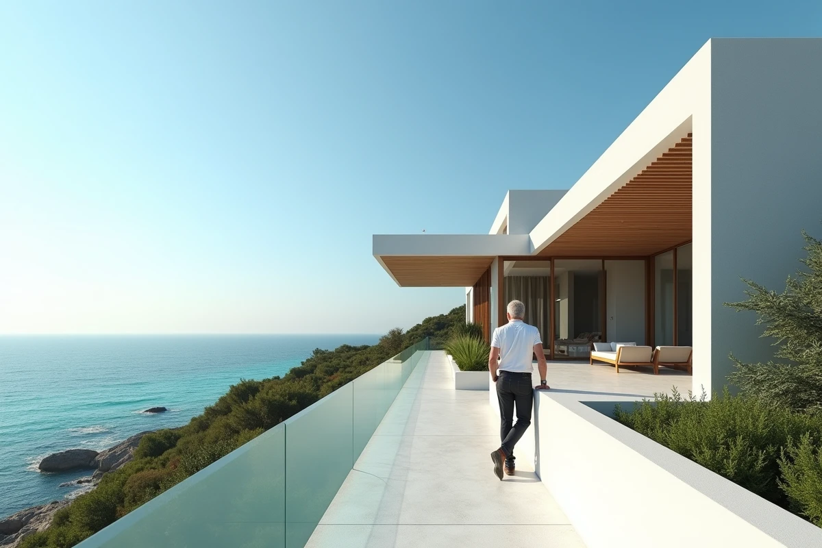 Villa contemporaine avec vue mer sur les hauteurs, terrasse rooftop et architecture moderne épurée