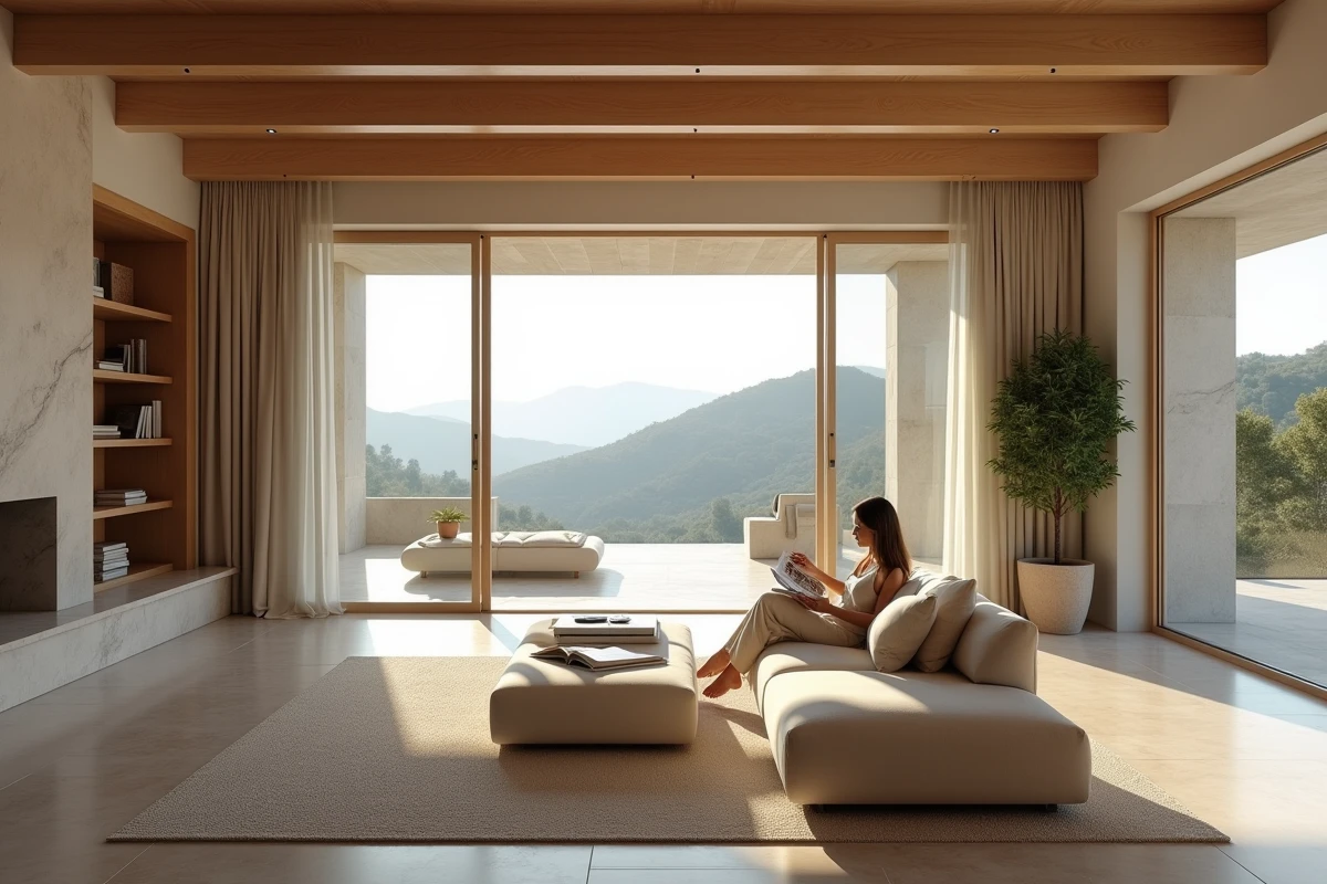 Intérieur spacieux d'une villa de luxe avec salon ouvert et vue panoramique sur la campagne