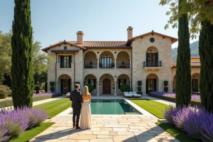 Villa méditerranéenne avec piscine privée et jardin paysager, couple admirant la facade en pierre