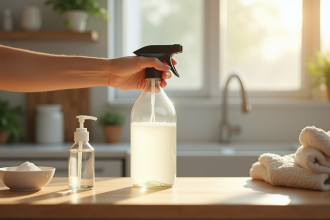 Personne versant du vinaigre blanc dans un vaporisateur sur un plan de cuisine lumineux