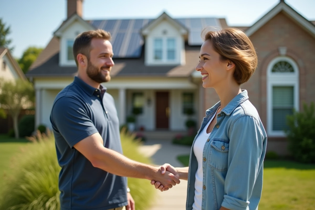 Jeune femme souriante avec professionnel energie devant maison
