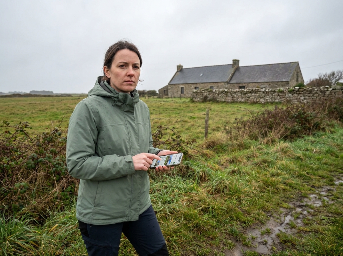 Femme visitant un terrain à vendre en Bretagne avec une longère en arrière-plan lors d'une recherche immobilière