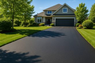 Photo hyperrealiste d'une allée en asphalte fraîchement pavée menant à une maison moderne