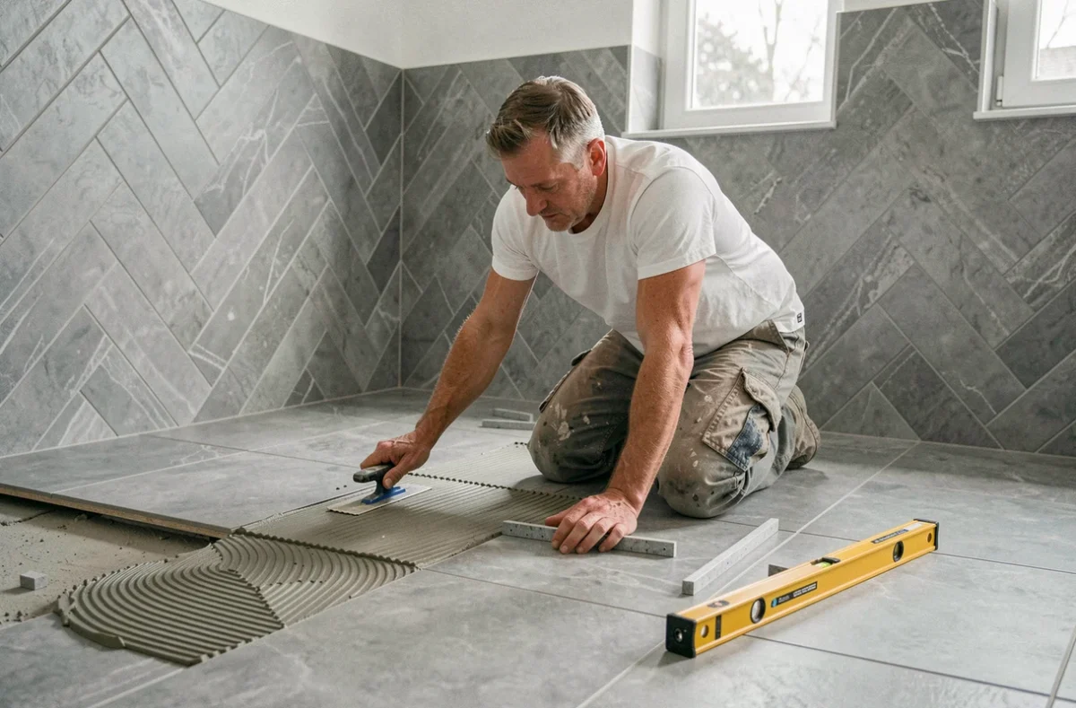 Artisan carreleur Voltz Carl posant un carrelage grand format dans une salle de bain du Bas-Rhin